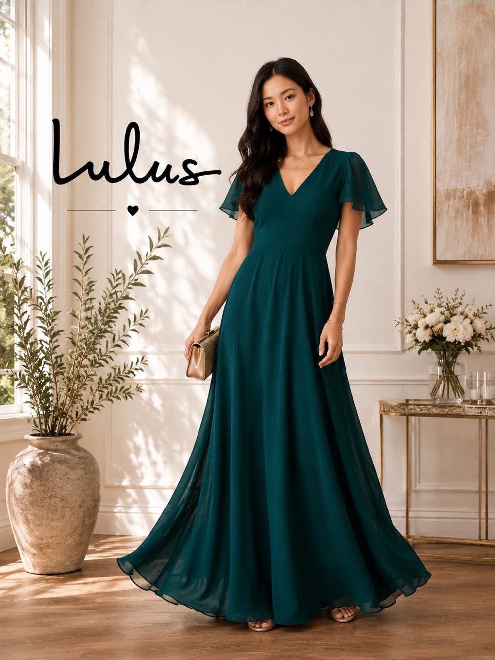 Lulus Emerald Green Flutter Sleeve Formal Maxi Dress NWT S